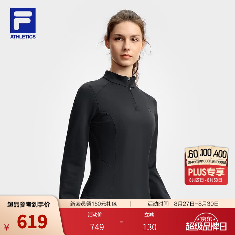 FILA 斐乐冬季新款健身运动半拉链瑜伽跑步内搭加绒保暖女子长袖T恤 常规深黑-BK 2XL 180/96A/XXL