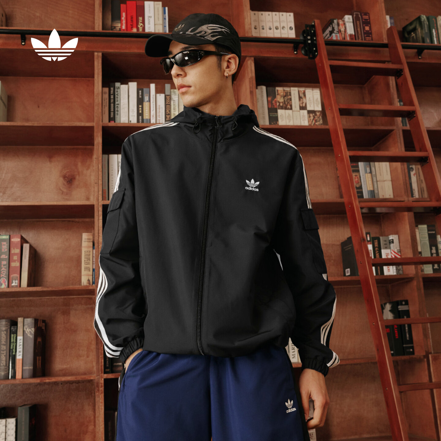 adidas通勤百搭经典休闲运动连帽夹克外套男女春夏阿迪达斯三叶草 黑色   L  