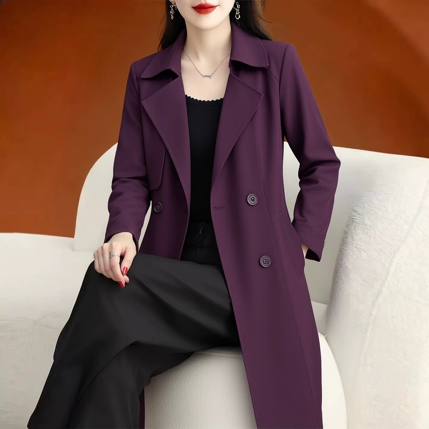香影芬高档风衣外套女秋季2026新款时尚气气质中长款高级感杭州意法大衣 紫红色 L