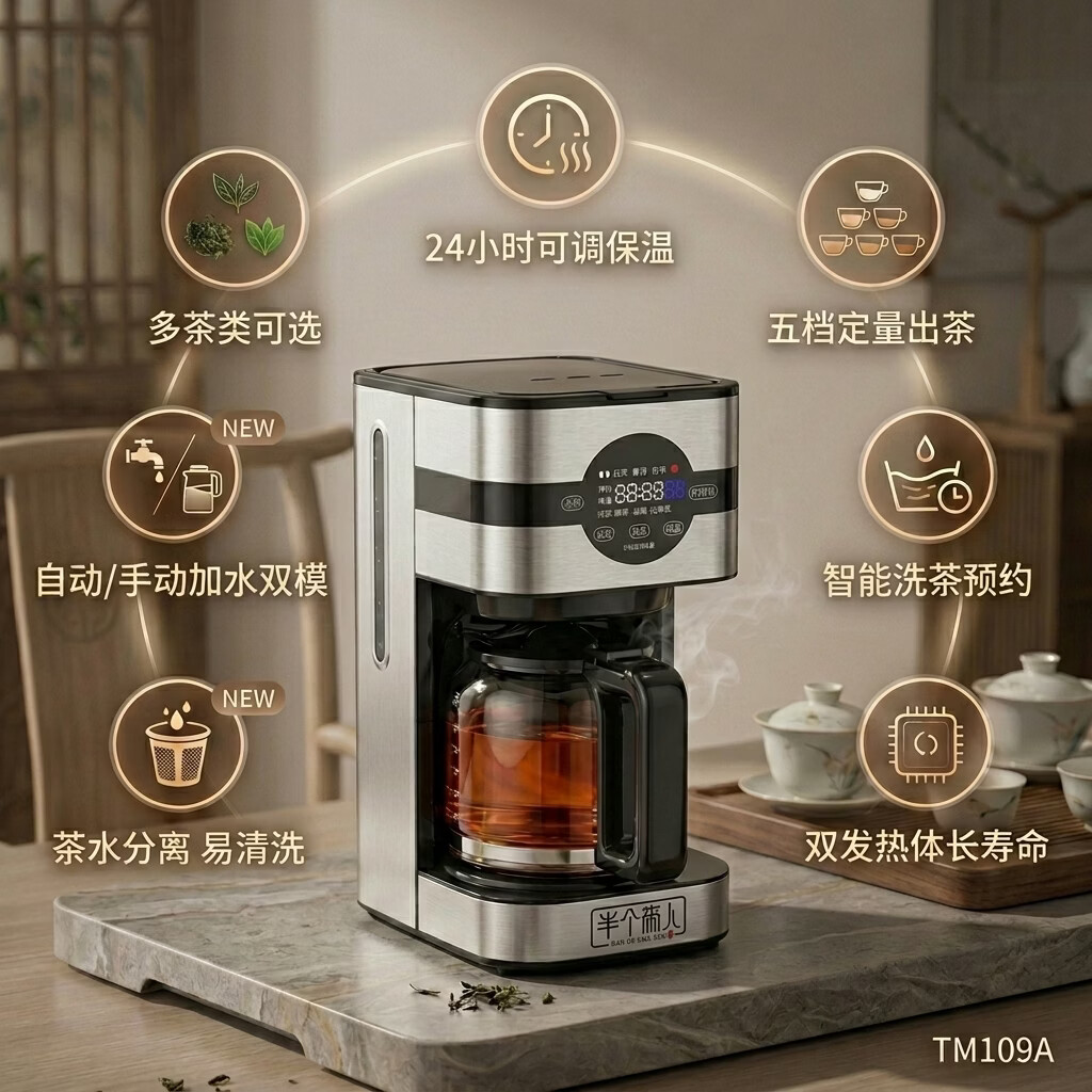 半个茶人全自动煮茶器 高端触屏茶饮机 蒸汽喷淋式蒸茶煮茶机 长时保温定量出茶 黑茶红茶花茶普洱大容茶壶 自动上水款|可选茶类|长时保温|定量出茶 1.5L