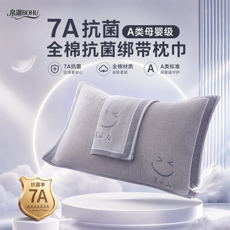 帛湖A类100%纯棉枕巾7A抗菌防螨枕头巾男士防油防汗全棉防脱落枕头套 乐-灰 【新疆长绒棉 双绑带防脱落】 53cm*80cm 【7A抗菌防螨加厚加大 单只装】