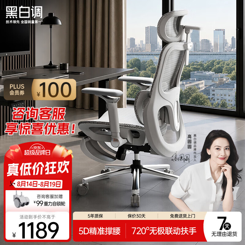 黑白调新P2Ultra人体工学椅电脑椅电竞椅办公椅子人工力学座椅720°扶手 新P2Ultra霜白脚托-线控+720°扶手