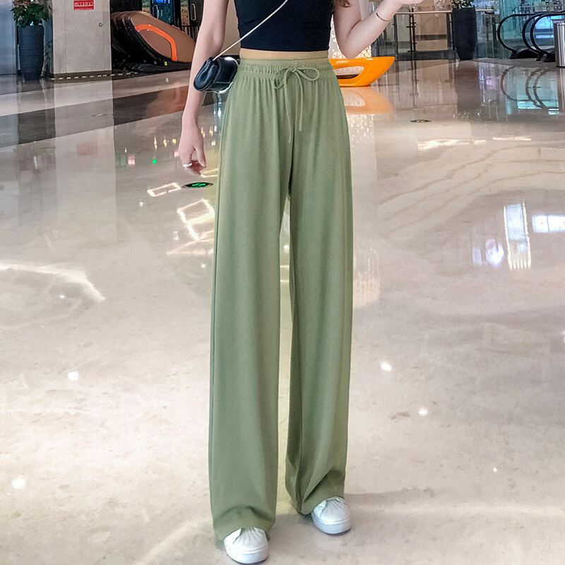 燠阳阔腿裤女裤冰丝新款薄款小个子垂感直筒高腰休闲拖地裤女 黑色 S 【75-90斤】