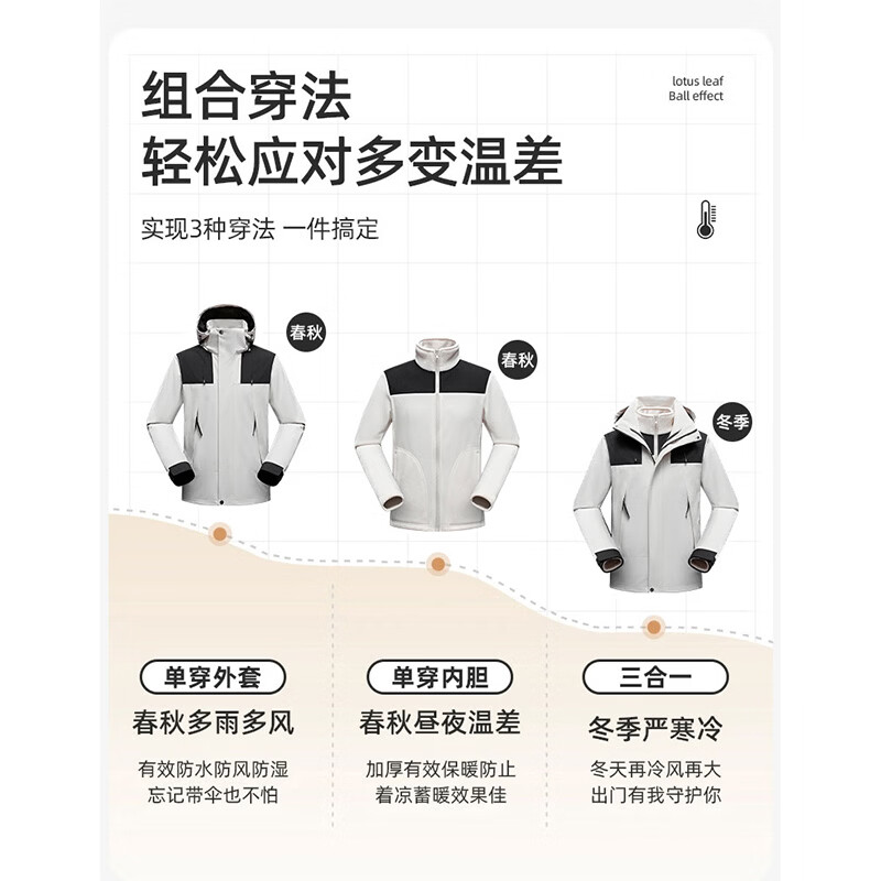 JEEP SPIRIT吉普冲锋衣三合一男女同款秋冬季外套男士夹克防风防水户外登山服 象牙白【三合一可拆卸】 S (建议体重120-140斤)