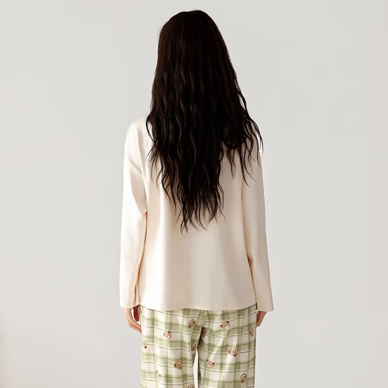 芬腾情侣睡衣女春秋季纯棉长袖休闲条纹2026新款男女家居服套装 FX25931469杏色 【女款】 L 建议女110-124斤,男126-146斤