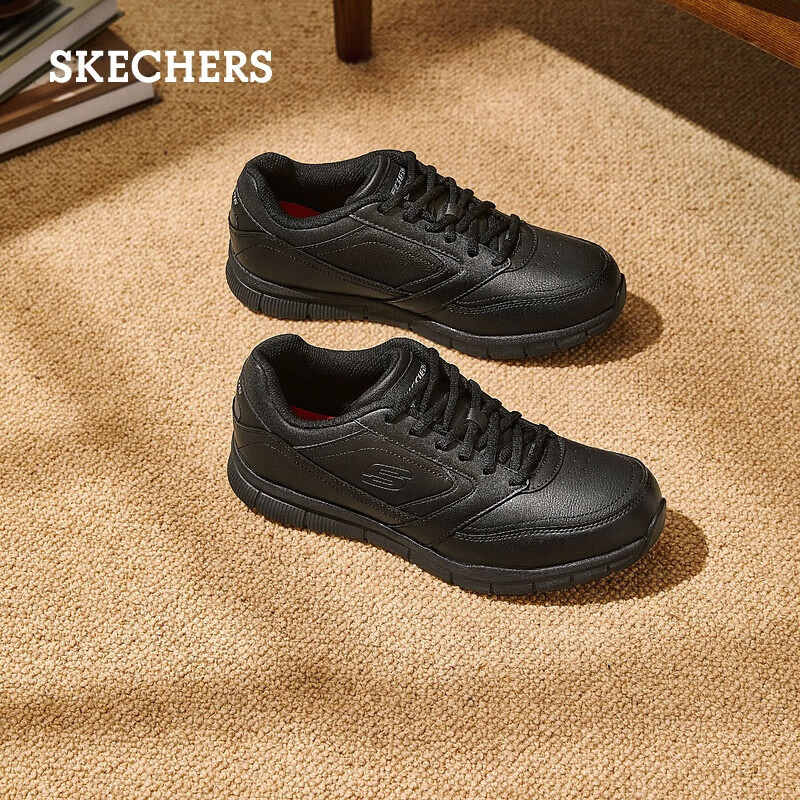 斯凯奇（Skechers）秋季男鞋休闲皮鞋通勤鞋黑色商务鞋宽头鞋防滑工作 黑色/BLK 41