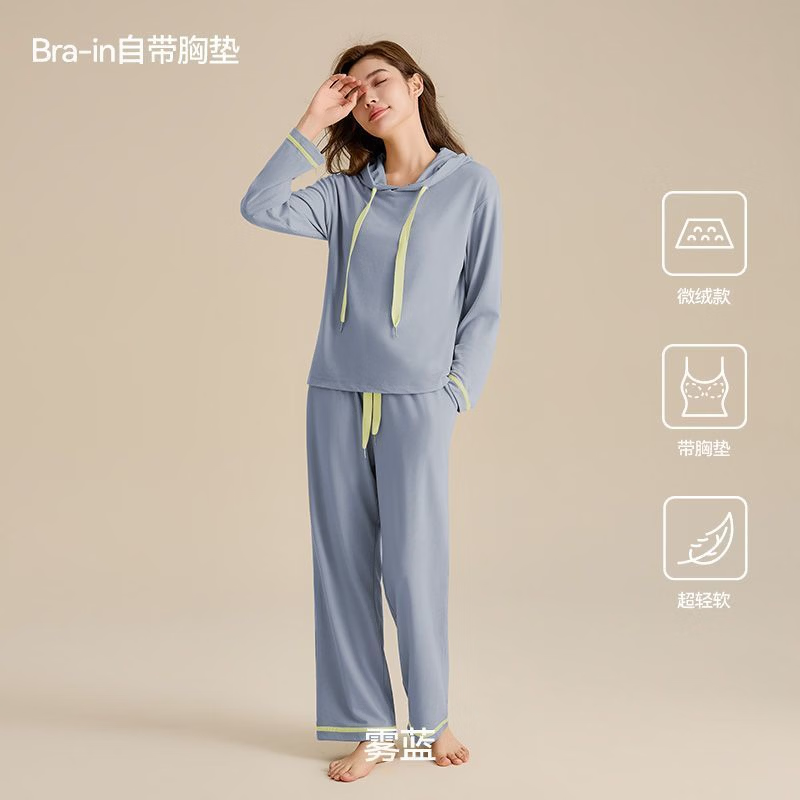 内茵(NEIYIN)带胸垫睡衣卫衣美雅碧抑菌可外穿免穿文胸女士家居服 雾蓝(两件套) 均码 XL-XXL (115-140)
