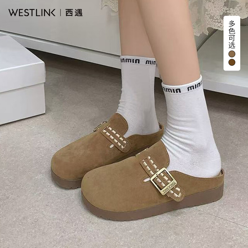 西遇（Westlink）复古勃肯鞋女2026秋季新款羊皮绒复古金属扣潮流一脚蹬半拖鞋 驼色 36 (230)