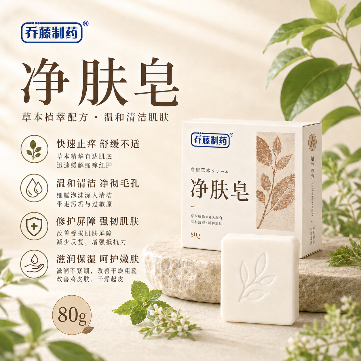 乔藤制药净肤皂肤感粗糙干燥易痒适用男女草本温和手工皂-G-ZXQ 2盒养护装【祛除瘙痒 清爽肤感】98%顾客选购