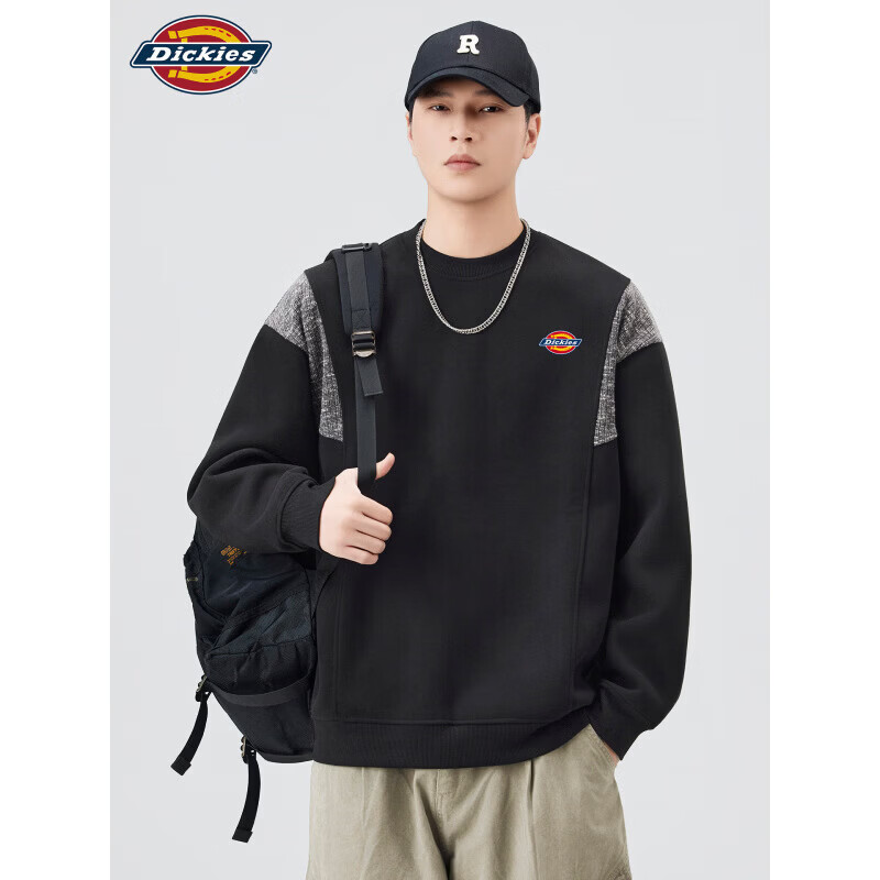 Dickies美式复古休闲圆领卫衣男士2026秋季新款宽松潮牌拼接百搭上衣服装 黑色 【官方正品】 XL 【建议130-150斤】