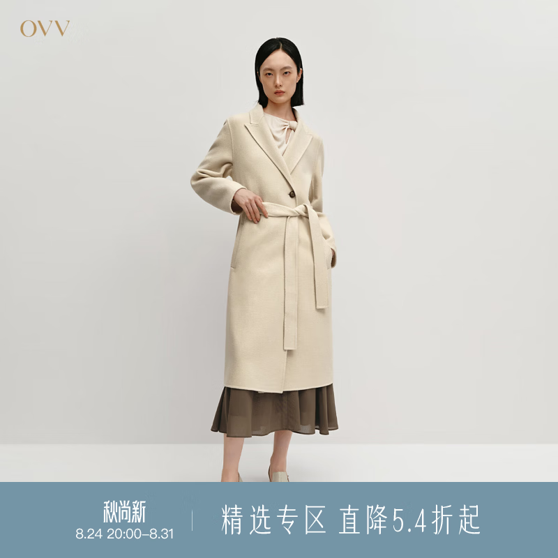 OVV秋冬热卖女装戗驳领休闲通勤保暖羊毛双面呢大衣 燕麦色 L