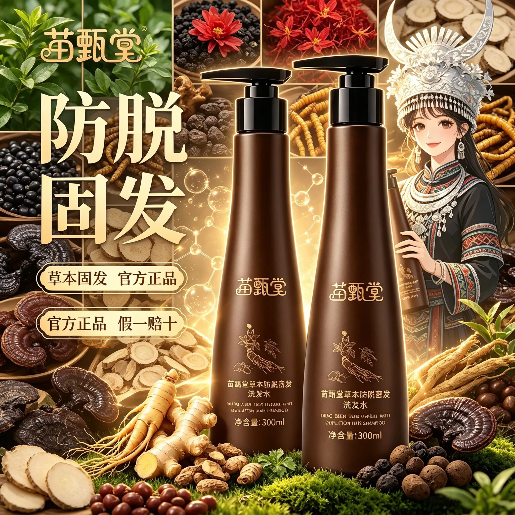 苗甄堂官方正品 【苗甄堂】 防脱草本洗发水 两瓶装300ml 某音爆款 苗甄堂/防脱洗发水/300ml*2瓶