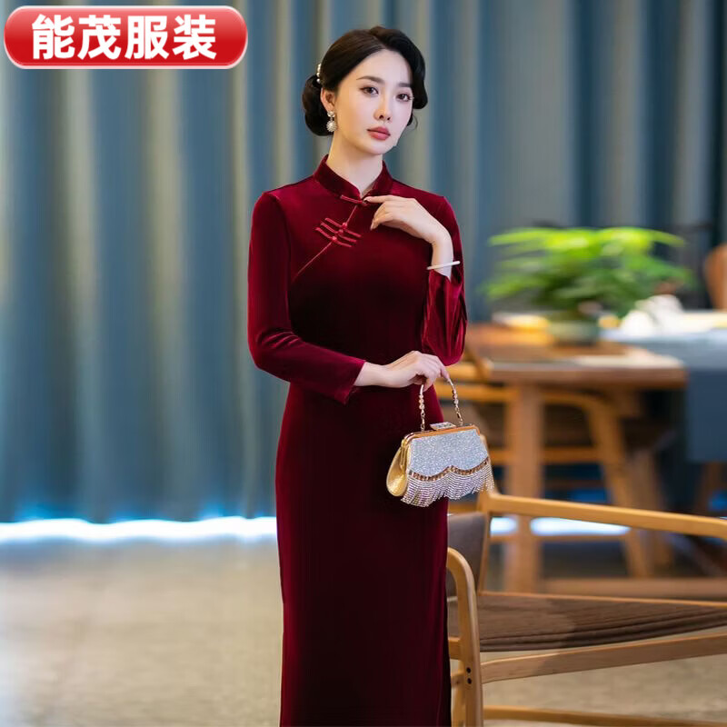 萱眸春秋新款中长旗袍连衣裙长袖女士纯色冬季旗袍女妈妈加厚 黑色 M