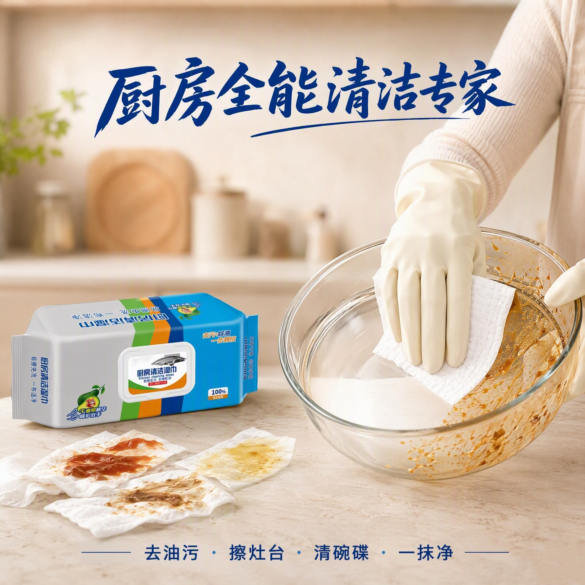 倪润厨房清洁湿巾除油去油一次性抹布厨房湿巾纸加大加厚750克装 【去油不伤手】 1层 80抽*1包