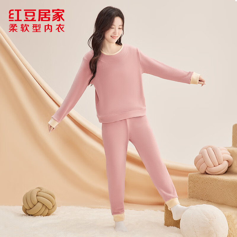 红豆居家(Hodohome)女士睡衣秋冬加绒加厚女士可外穿套头保暖家居服套装 JBJ700樱花粉 XL 女士175