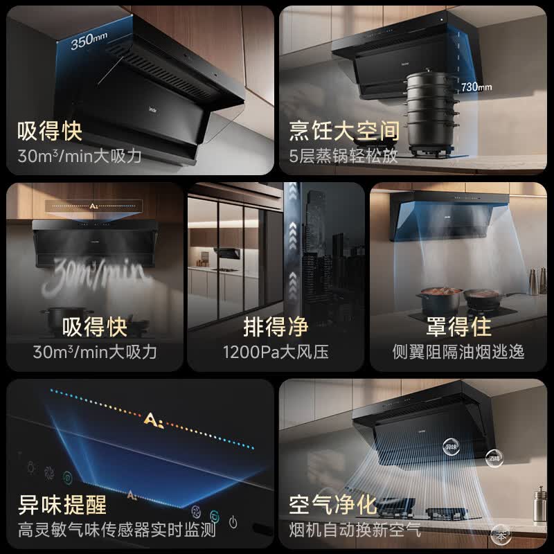 海尔(Haier)变频强劲抽吸油烟机套装燃气灶具顶侧双吸家用30立方超大吸力挥手智控自清洗统帅leader系列 【爆款旗舰新品F1V】30m³大吸力单烟机