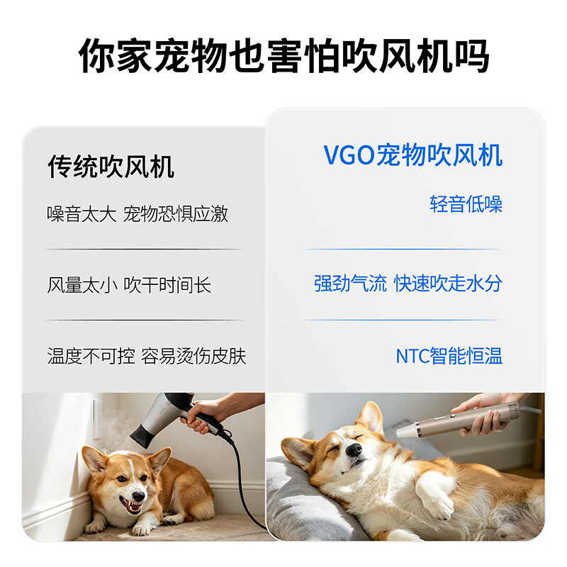 vgo吹风机吹水大功率轻音高速静音狗狗猫咪洗澡专用烘干吹毛神器宠 物家用 柔光金