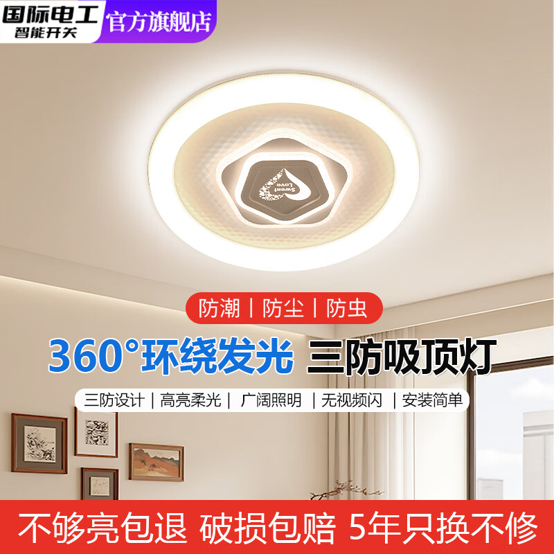 国际电工LED护眼三防吸顶灯卧室房间客厅灯主卧2026新款圆形灯具全屋创意 圆形爱心款丨直径46cm丨三色变光68W 【柔光护眼】