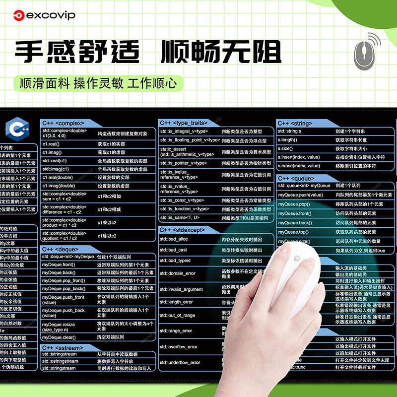 宜适酷Office办公设计快捷键鼠标垫大号 Excel/PS/CAD超大号桌垫锁边加大加厚编程剪辑SW/Linux/IDEA/C++ C++编程快捷键 800x300x3mm