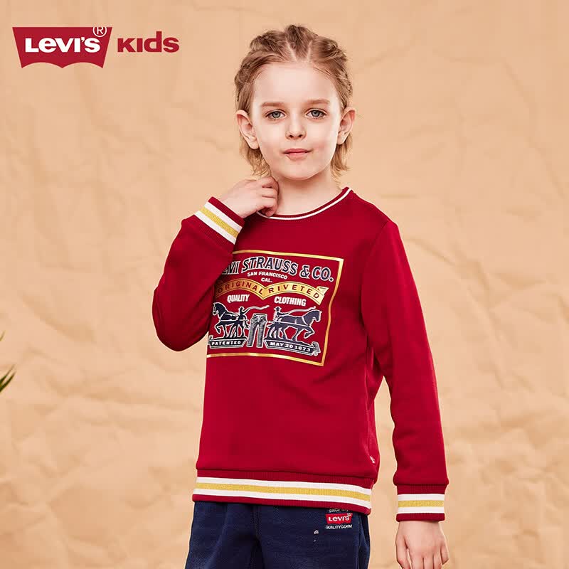 Levi's李维斯童装年秋冬新款男童圆领套头红色卫衣加绒上衣 脚踏车红 140/68(S)怎么样,好用不?