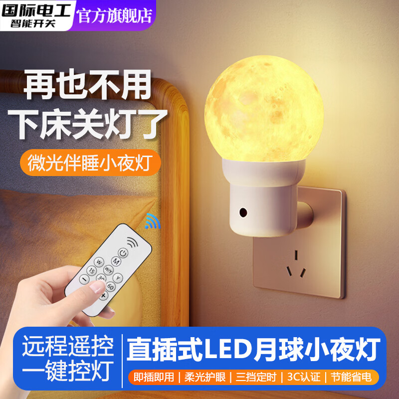 国际电工遥控定时月球小夜灯插电式卧室床头氛围灯儿童伴睡柔光护眼起夜灯 语音款 0.5W亮度
