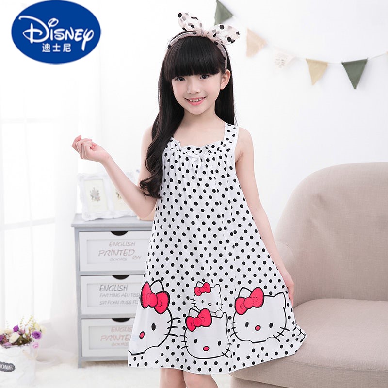迪士尼（Disney）女童棉绸无袖睡裙夏季家居服睡衣小孩公主宝宝裙子儿童吊带连衣裙 斑点KT猫 100cm