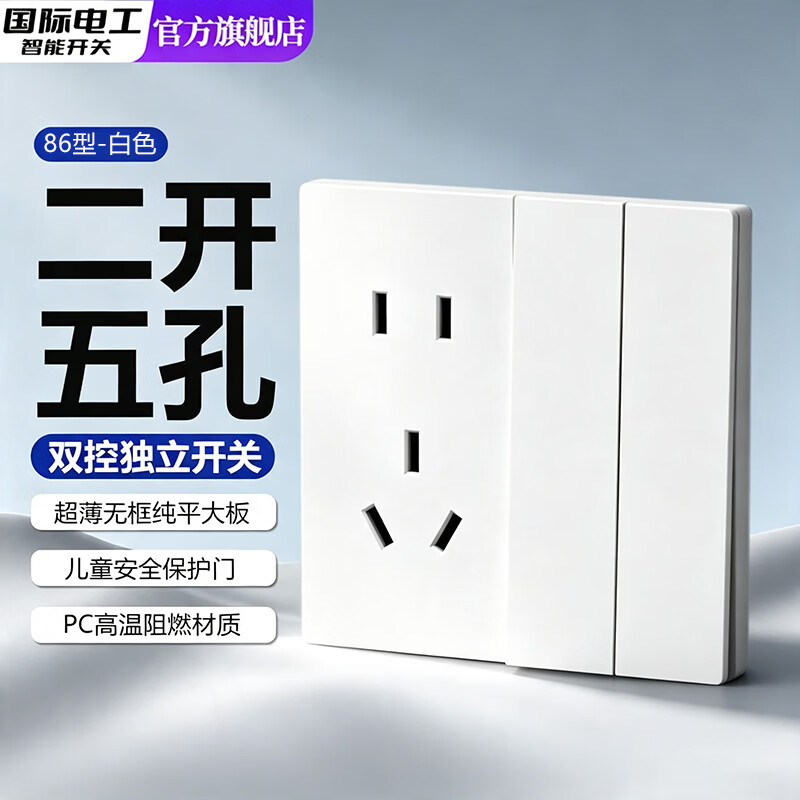 国际电工86型暗装二开五孔插座家用墙壁双开双控2开5孔两开五孔带开关插座 二开双控五孔-白色