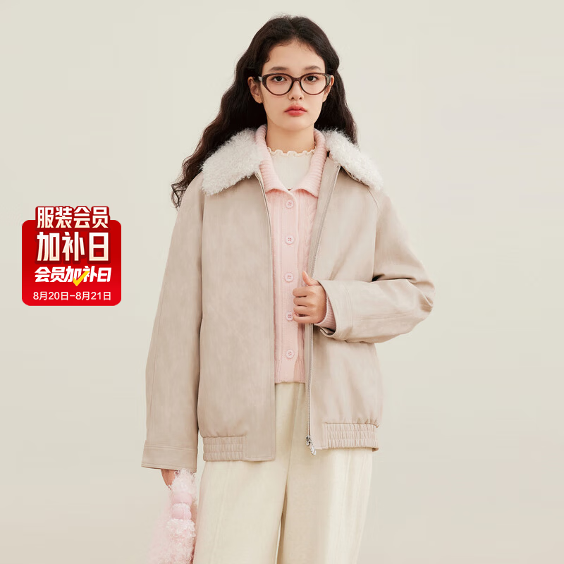 乐町冬季新款美式复古内里夹棉可脱卸毛领设计仿皮衣PU外套 雪白色(现货) 常规 S