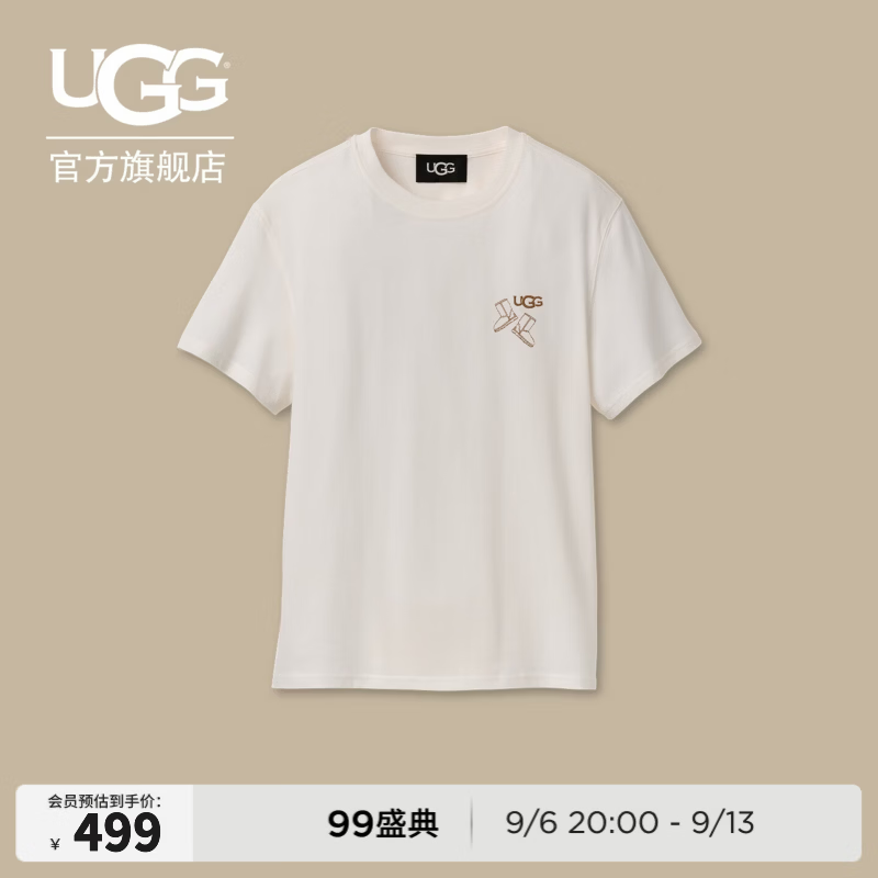 UGG秋季新款男女同款时尚舒适纯色经典刺绣圆领短袖T恤 1180615 NMB | 光晕白色 M