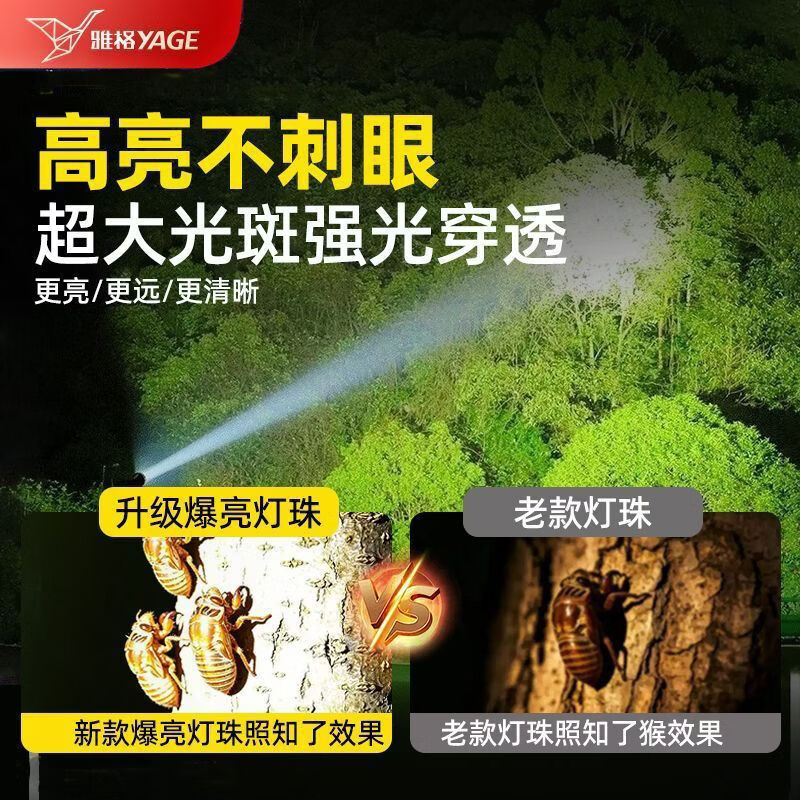 雅格(YAGE)大光斑头灯头戴式强光充电野外赶海夜钓专用登山夜间作业照明 豪华款4800锂电【激光炮灯珠-三档调光】电量显示