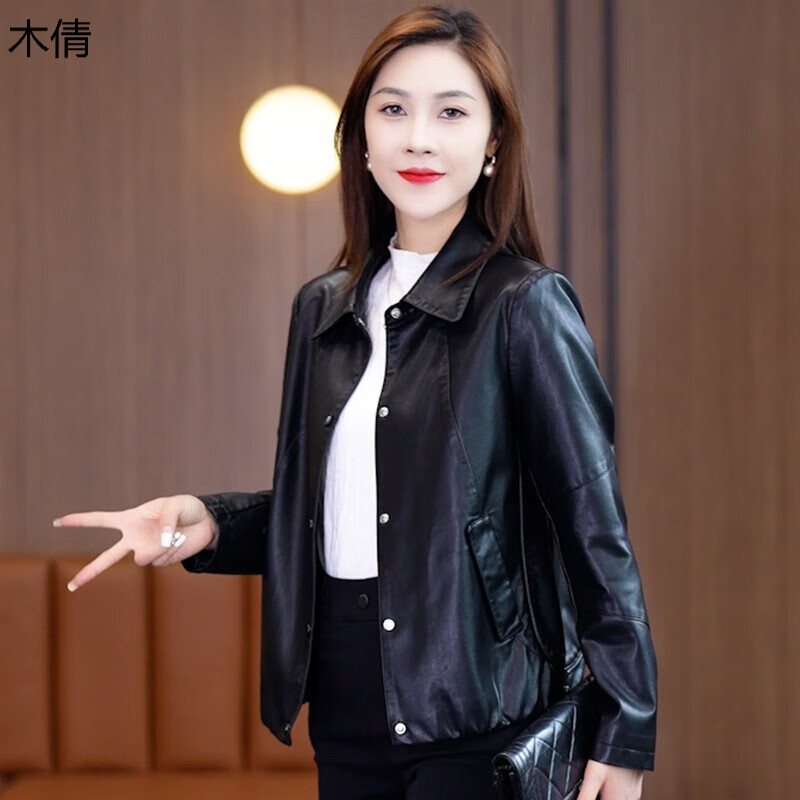 木倩皮衣女士2023年秋装新款显瘦长袖机车服洋气小个子皮夹克外套潮 黑色 XL(体重115-125斤)怎么看?