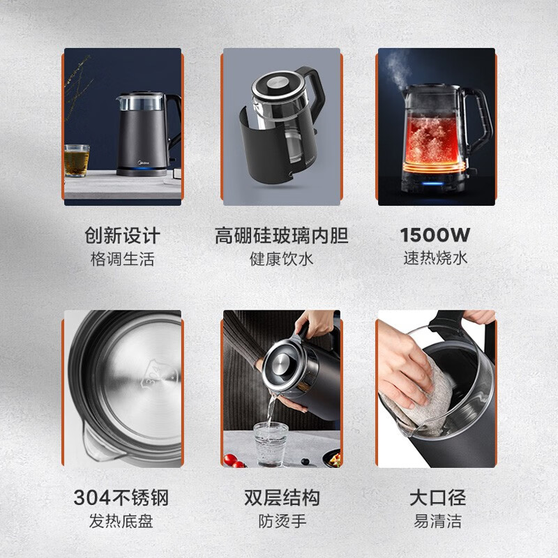 美的（Midea） 电热水壶开水壶净甜家用办公双层防烫玻璃电水壶烧水壶拔盖设计大容量热水壶 【1.5L玻璃内胆壶】SH15D03