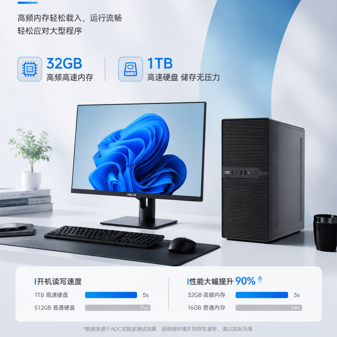 AOC【14代i7+64G大内存】酷睿台式电脑主机商务办公整机家用游戏电竞独显设计企业采购渲染学生组装机 主机+24寸显示屏(高清蓝光护眼) 【高配】i7级丨16G丨1T丨4G旗舰独显