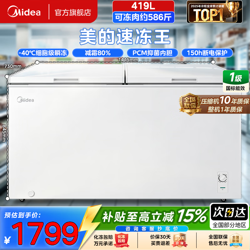 美的（Midea）速冻王大容量家用大冷冻力冷藏冷冻两用单温冷柜电子控温一级能效卧式冰箱 BD/BC-419DKM极地白