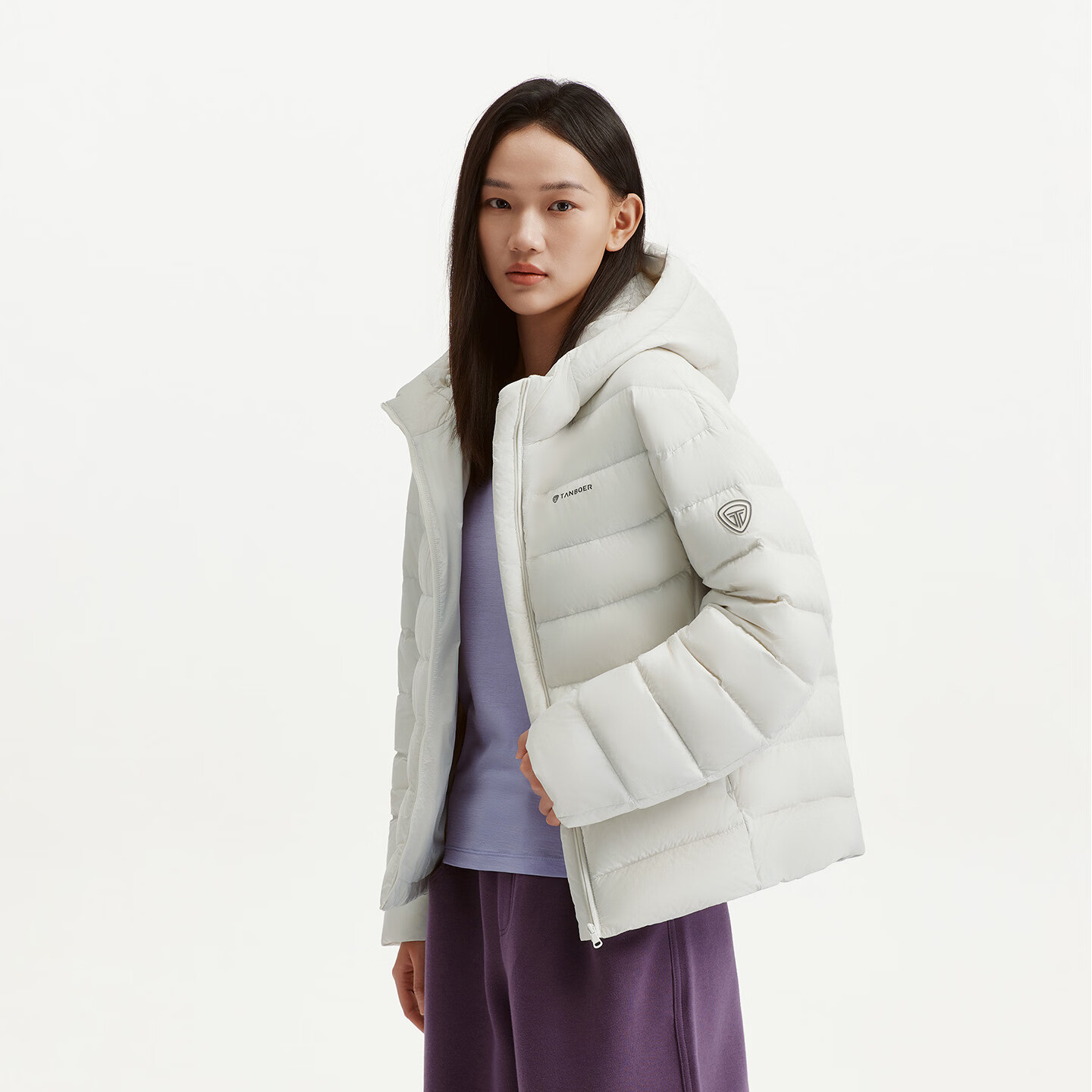 坦博尔2026秋冬新款排骨羽绒服休闲时尚百搭短款连帽女士外套 轻灰白 XS