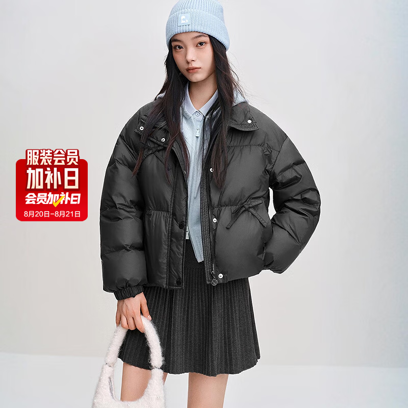 乐町【火山岩】乐町经典面包羽绒服2025年冬季新款短款蝴蝶结保暖外套 乌黑(现货) XS