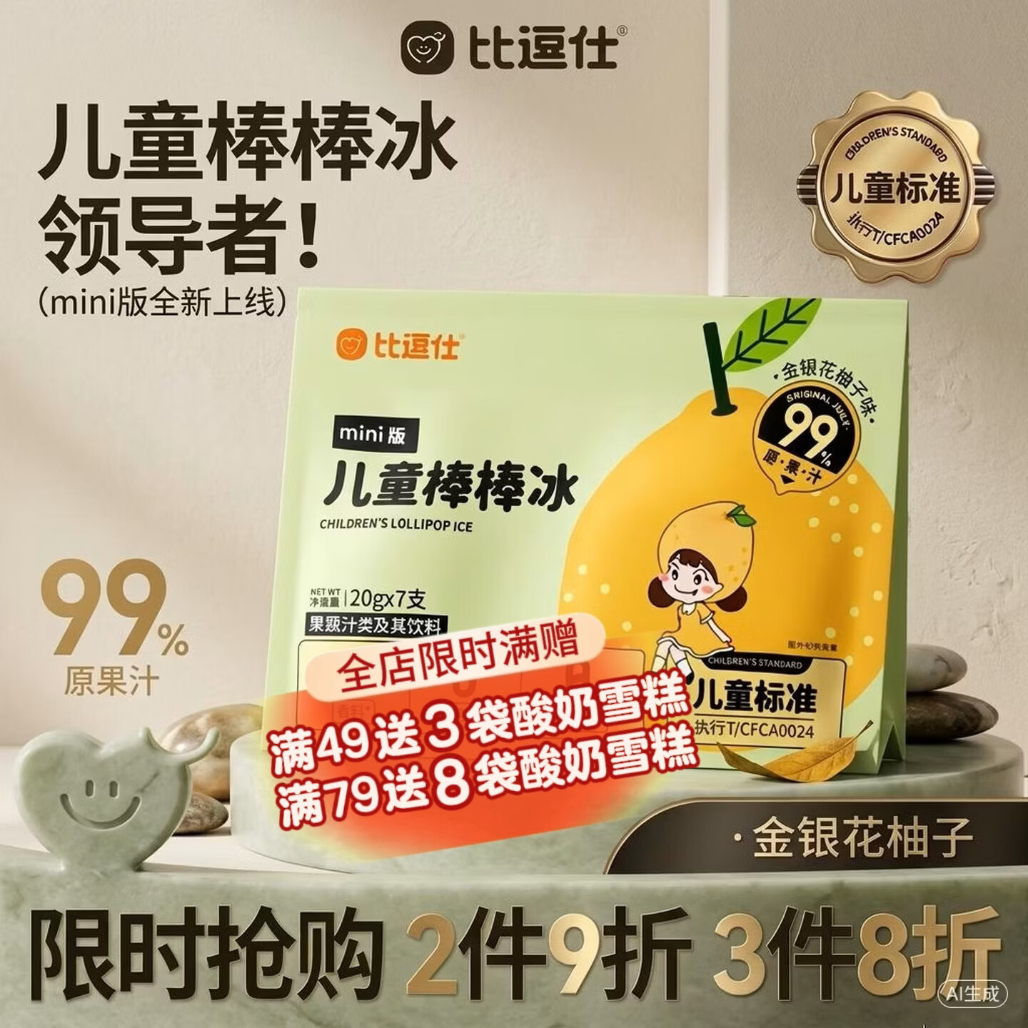 比逗仕儿童棒棒冰碎碎冰mini版金银花柚子味20g*7支99%原果汁儿童零食
