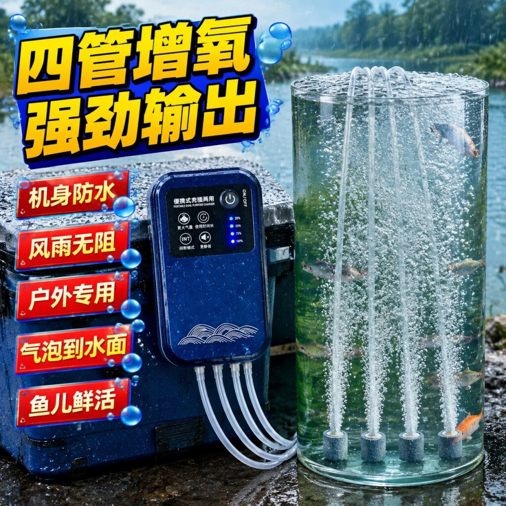鱼缸增氧泵户外钓鱼桶氧气泵充电两用打氧机养鱼家用静音制氧专用 家用静音【20w四孔】电池7500毫安·3档