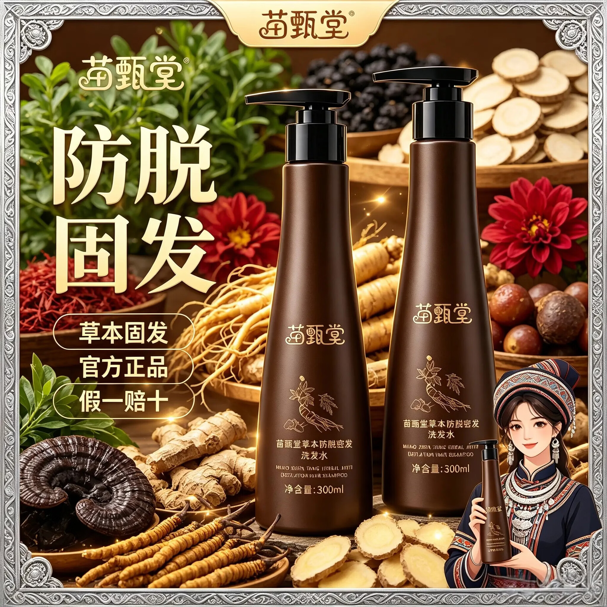 苗甄堂官方正品 苗甄堂 视频爆款 防脱草本洗发水 两瓶装300ml侧柏叶 苗甄堂/防脱洗发水/300ml*2瓶