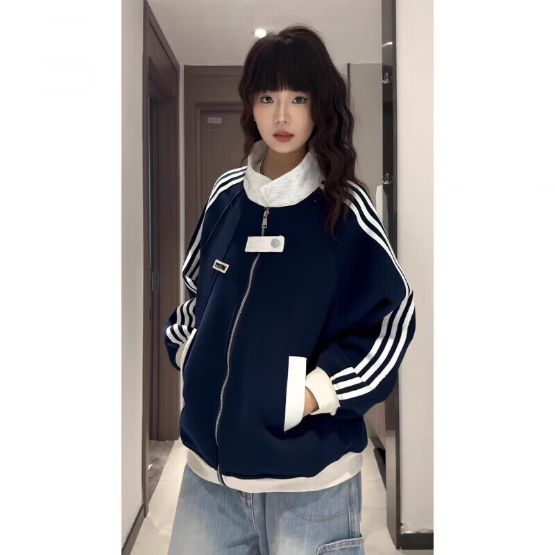 棒球服夹克女士春秋季潮牌宽松百搭衣服ins港风痞帅休闲情侣外套 藏青色 L