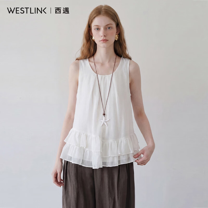 西遇（Westlink）韩式温柔风百搭2026夏季荷叶边无袖宽松显瘦上衣 白色 M (160)