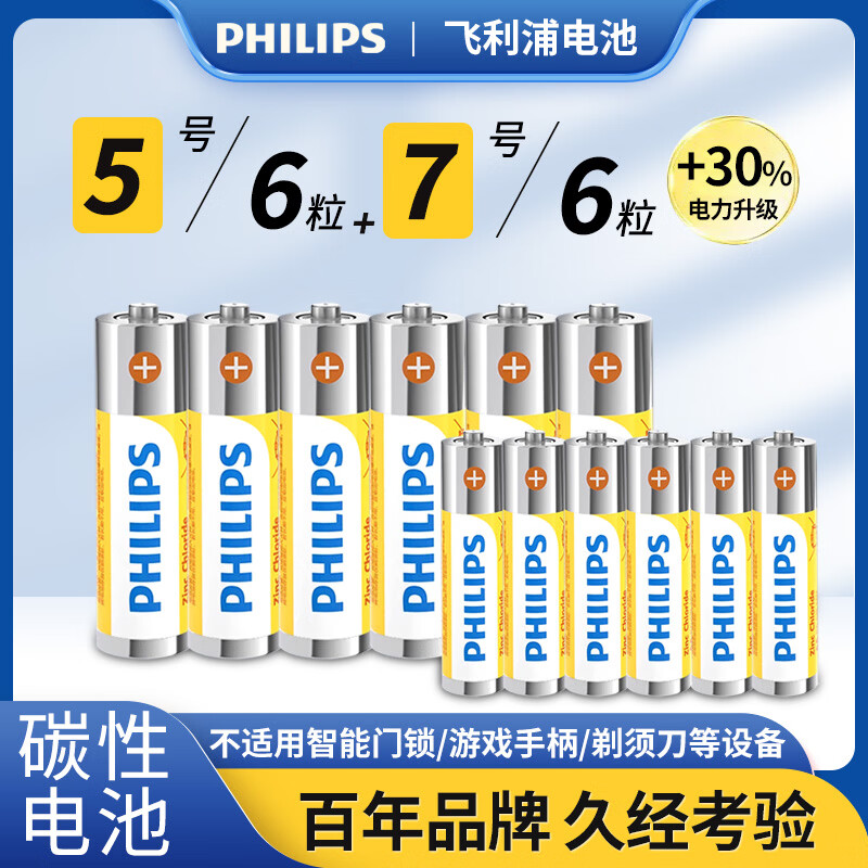 飞利浦（PHILIPS）碳性5号7号各6粒/12粒干电池无汞环保 玩具/耳温枪/钟表/电子称/计算器/闹钟/遥控器电池