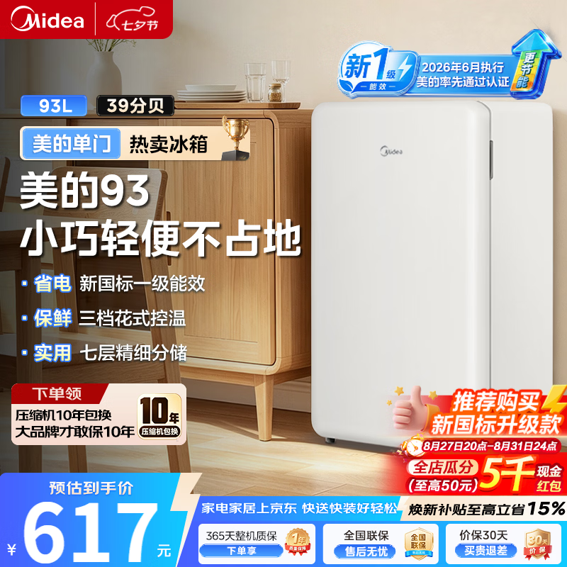 美的（Midea）93/45升单门一级能效节能低音复古冷藏白色迷你冰箱租房家用宿舍办公室可放美妆可调温 【新国标升级款】MC-93MF白色
