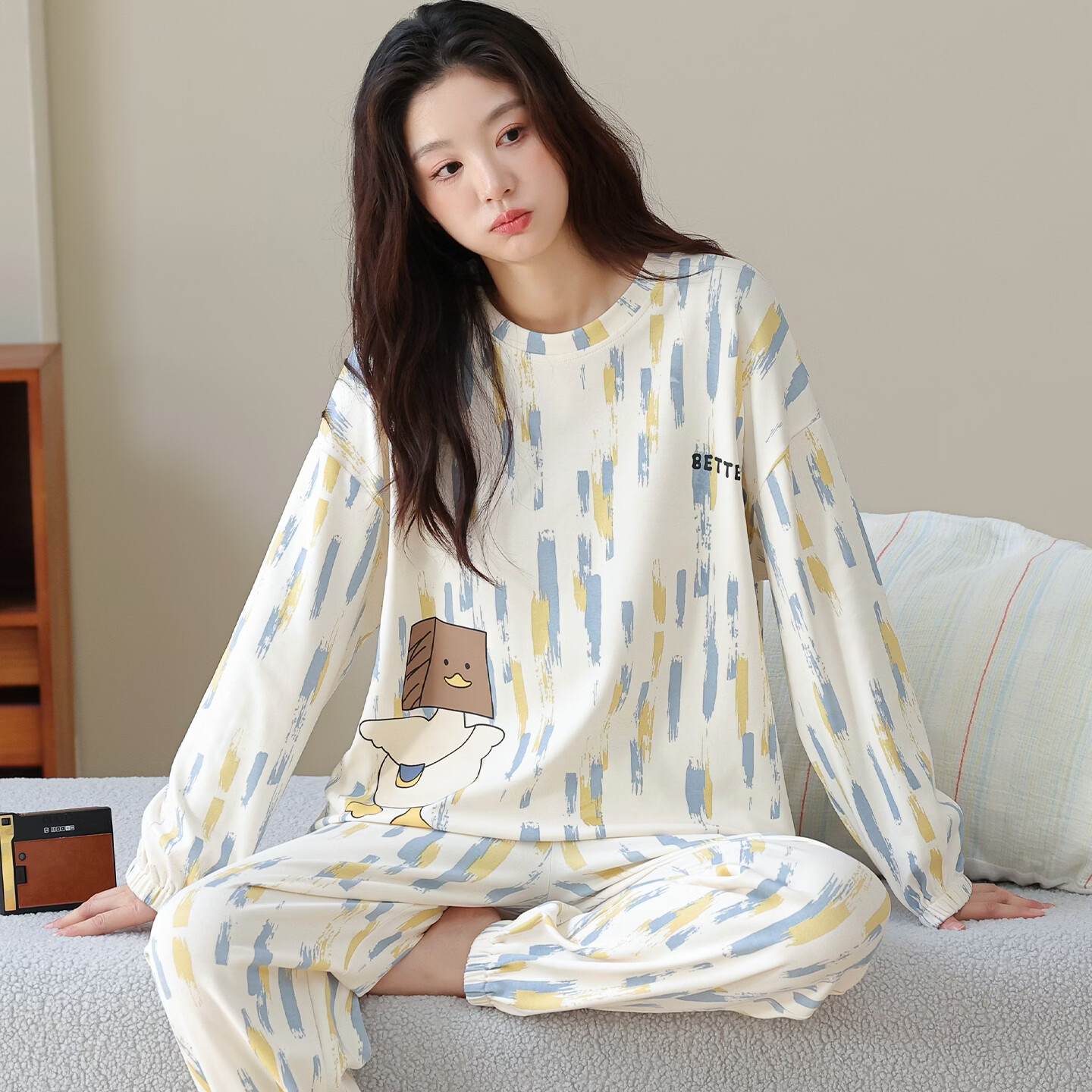 纯棉睡衣女秋季长袖长裤韩版休闲可爱小熊可外穿家居服套装可外穿 58918 2XL