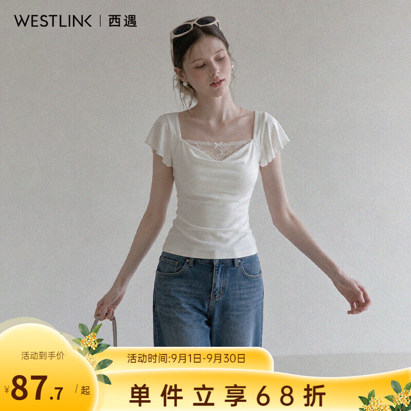 西遇（Westlink）方领蕾丝拼接短袖T恤女2026夏季新款小飞袖修身短款纯欲上衣 白色 M (160)