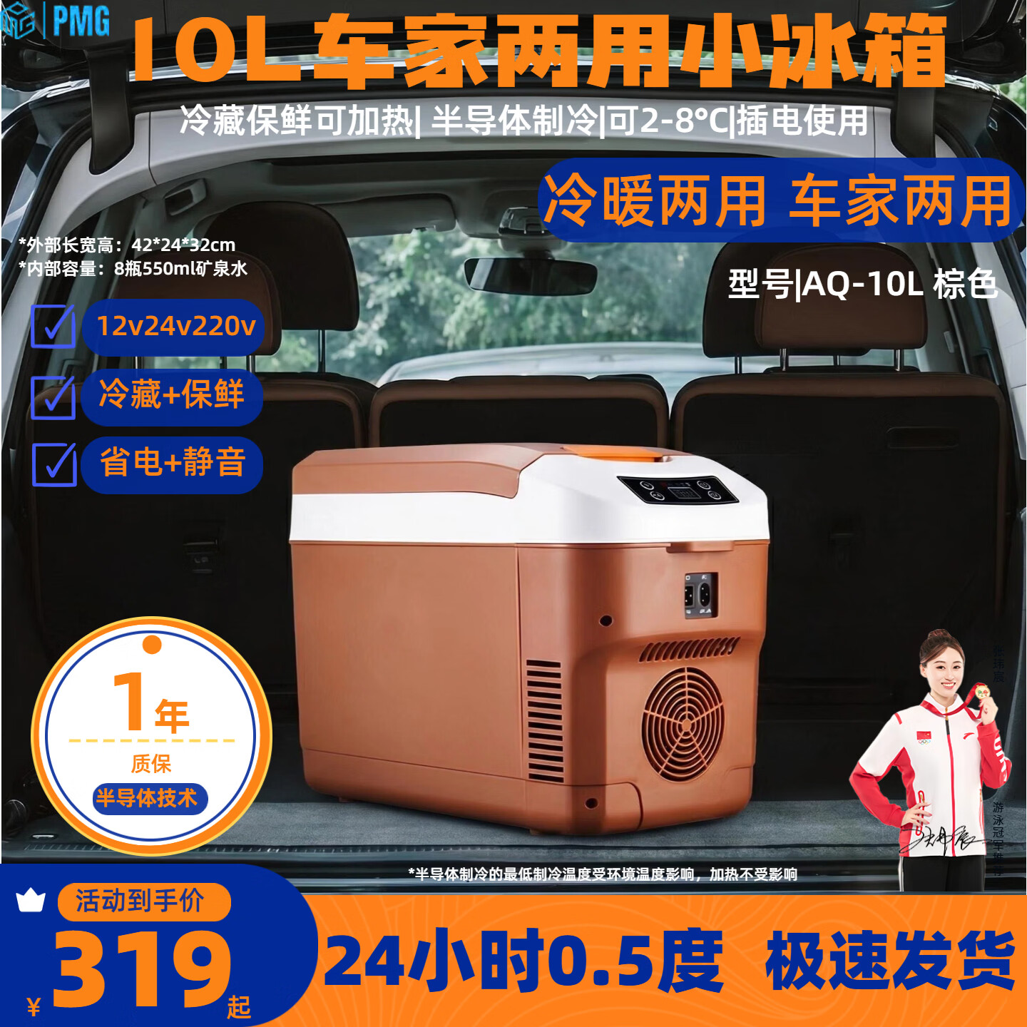 PMG车载冰箱车家两用冷藏冷冻12v24v220v2026最新款车载小冰箱 [棕色]半导体 车家两用 [12/24/220V]冷藏保鲜加热 10L