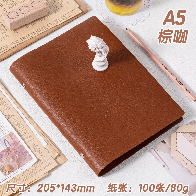得力2026年新款软皮面活页本可更换替芯办公手账会议记录A5日记本随身携带B5加厚纸张 【棕咖】A5-100张/本