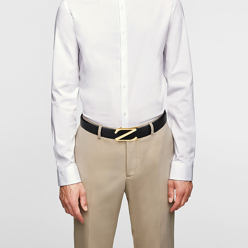 POACY真皮皮带男 头层牛皮男士腰带商务时尚潮H情人节裤带男款送人礼盒 Z扣金色头层牛皮带身 125cm 【裤码37-39】