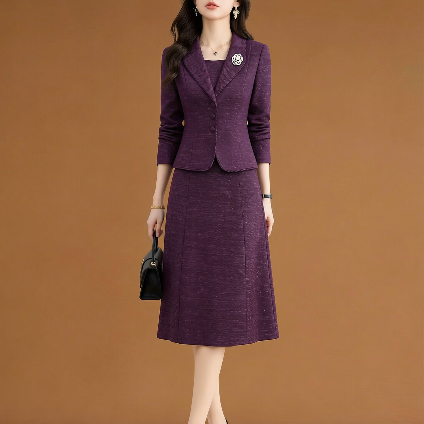 香影芬2026春秋季新款婚宴礼服妈妈装中年女士连衣裙时尚假两件长袖洋气 紫色 2XL (建议115-125斤)