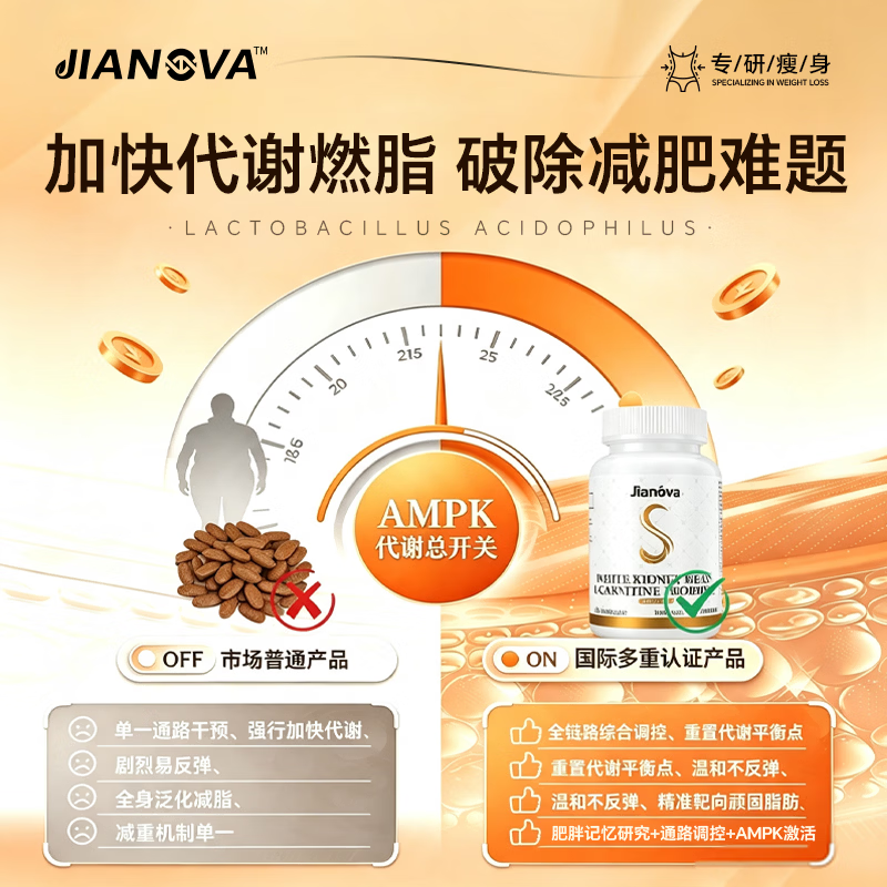 Jianova进口减肥药减肥瘦肚子燃脂7天30斤减脂肪国家认证抑制食欲见效快 1瓶【速减10-20斤】小基数首选 60粒*1瓶 瘦腿神器减大象腿白芸豆阻断剂抑制食欲替西